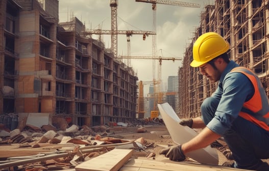A multi-story building under construction with wooden scaffolding and several workers spread across different levels. The environment appears busy with construction materials, including cement bags and tools on the ground. A blue sky is visible above, and a few residential houses can be seen in the background.