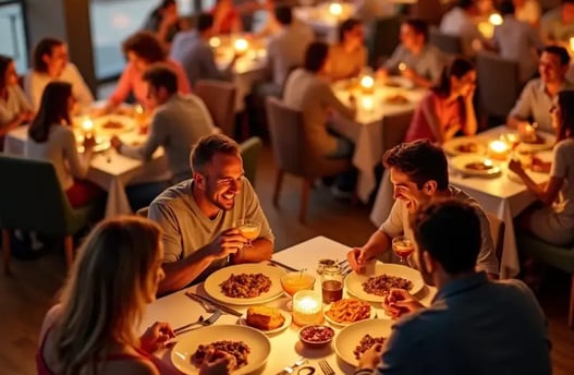 Pessoas a desfrutar de um jantar num restaurante acolhedor, destacando a experiência gastronómica e o bom ambiente.