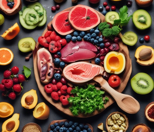 A page from a vintage nutritional guide displaying various food items categorized based on vitamins. The top section highlights foods rich in a specific vitamin, including leafy greens, fish, carrots, and a bottle possibly containing oil. The lower sections depict foods high in vitamins C and D, featuring citrus fruits, eggs, dairy, and other produce. The imagery is slightly blurred, adding a nostalgic feel.