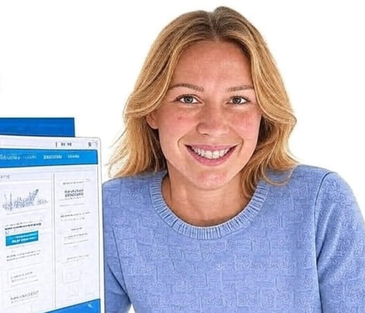 a woman holding a laptop computer and smiling