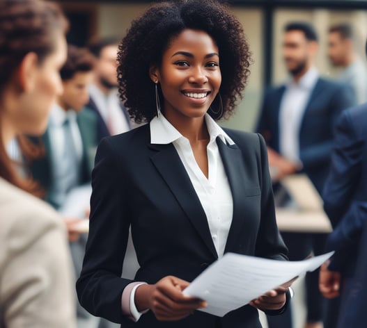 Client giving cv to employer over red desk with laptop in a suit black lady white man employer