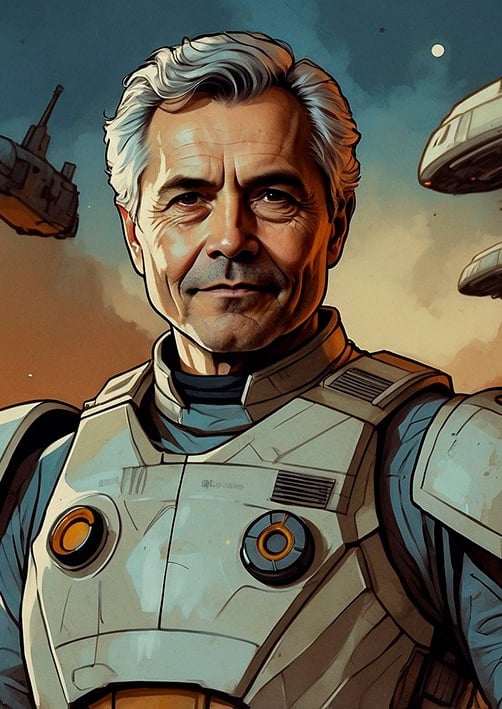 Portrait photo transformed into a man in a grey shirt and a picture of a man in a Star war suit. 