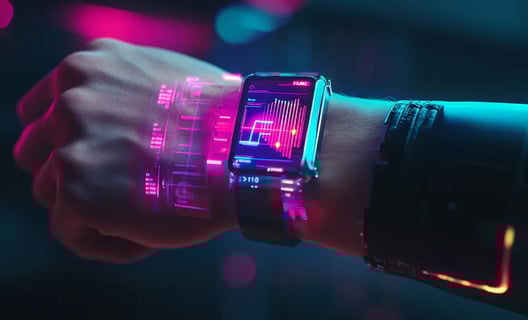 a person holding a smart watch with a futuristic watch