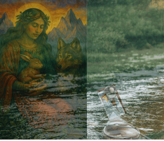 Divine mother, rabbit and wolf, symbolizing soul retrieval, spring rebirth, wild maternal healing