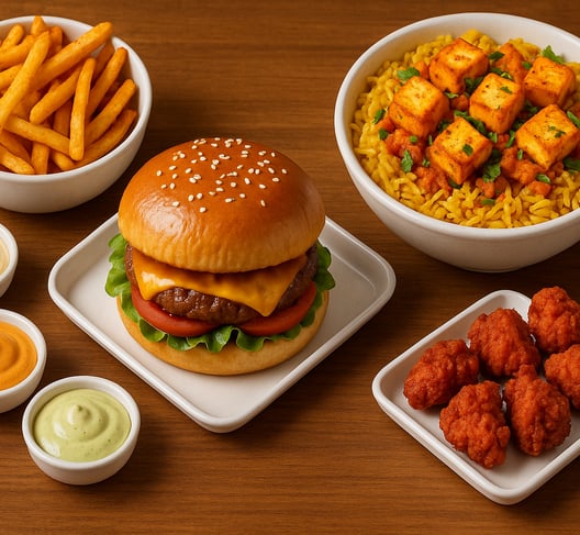 peri-peri fries, classic chicken burger, rice bowl, chicken pakora, mayp sauce