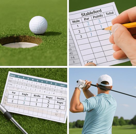 Golf scoring and gameplay collage with scorecards, ball near hole, and golfer finishing swing.
