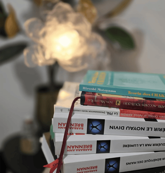 Livres de thérapie et objets symboliques illustrant l’ancrage, la rigueur et l’intuition réunis
