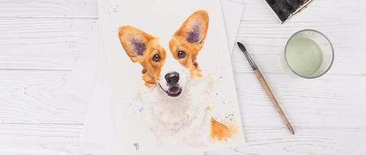 peinture réaliste de chien corgi posée sur une table