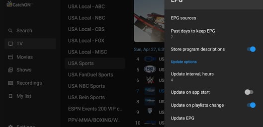 EPG setting on catchontv app