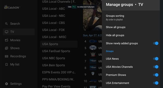 Hide and show channel group on catchontv app