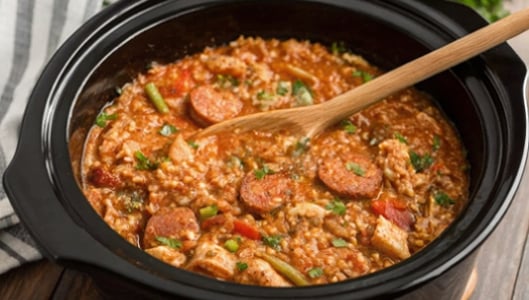 slow cooker with jambalaya
