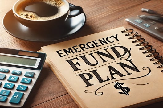A notebook with "Emergency Fund Plan" written on it, next to a cup of coffee and a calculator.