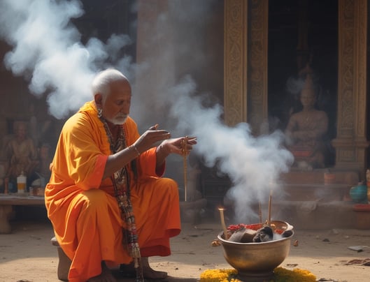 A nighttime religious ceremony with several people in traditional attire performing rituals. Smoke fills the air, and a tall, illuminated temple structure is visible in the background. Several attendees are present, and one person is capturing the scene on a smartphone.
