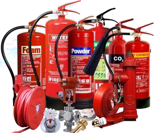 a group of fire extinguisher and hoses