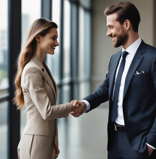 a man and woman shaking hands in a business meeting