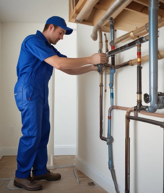 A plumbers in a blue jumpsuit installing new pipes in a house.