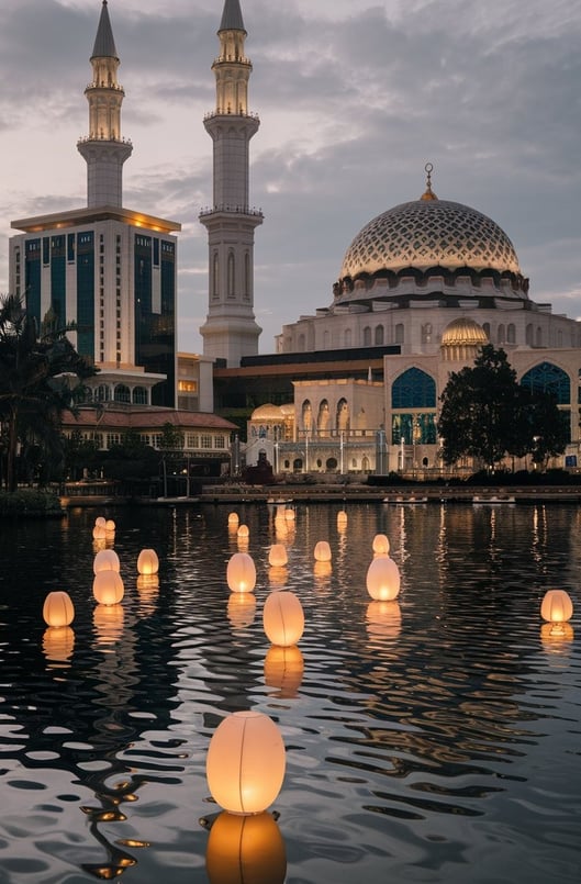 A photo of the Putrajaya Lake with floating lanterns. In the background
