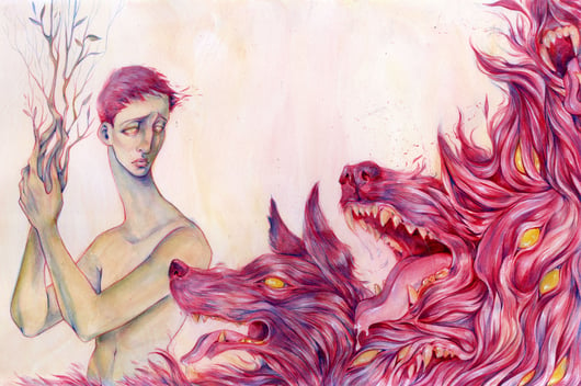 surreal watercolor and colored pencil painting with a figure and dog-like creatures