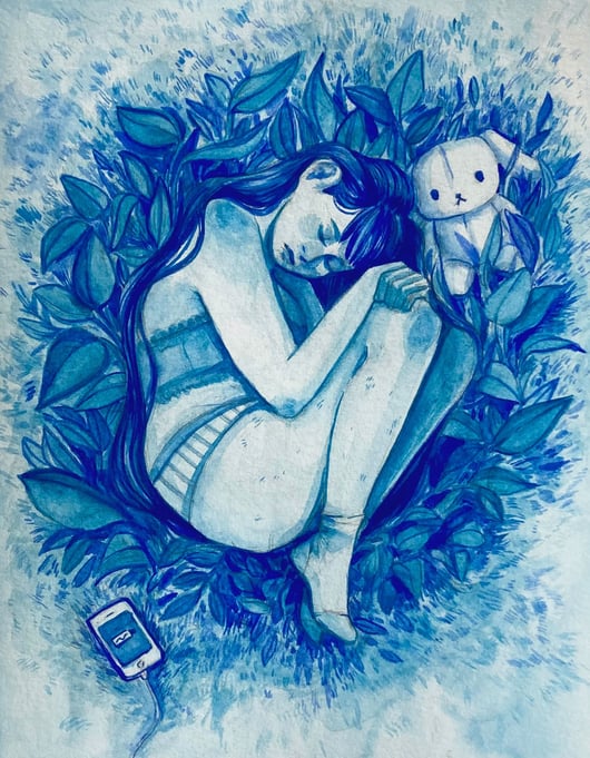 blue watercolor painting of girl sleeping with plant life