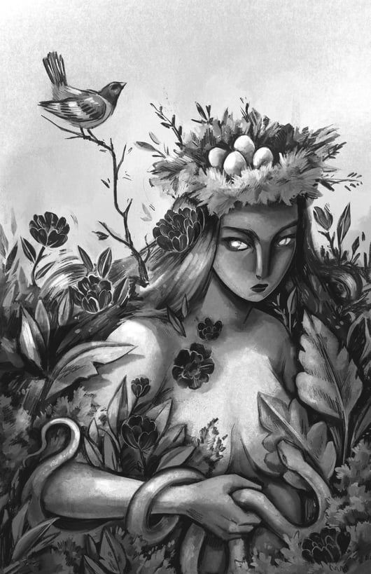 black and white digital illustration of a woman with a nest crown, birds and plant life holding a snake