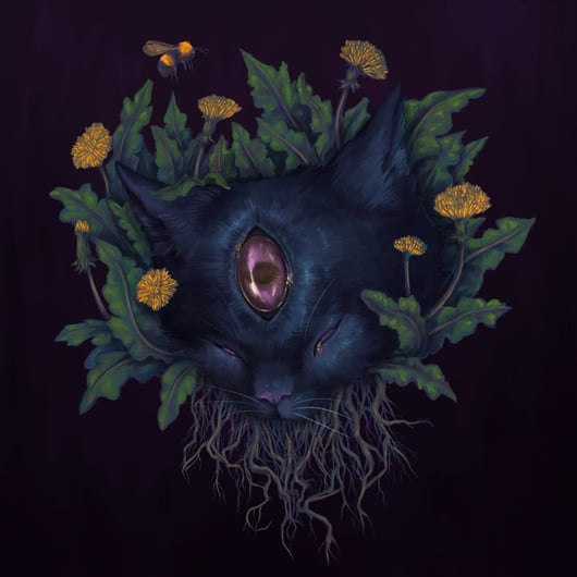 digital painting of a three eyed kitten with dandelions, roots, and bees