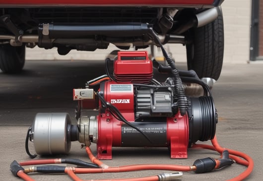 A display of various tools and equipment set against a red background with the Milwaukee logo. The items include a large yellow and black fan, several green battery chargers, and a red and black handheld tool. The setup is colorful and organized, suggesting a focus on industrial or workshop use.