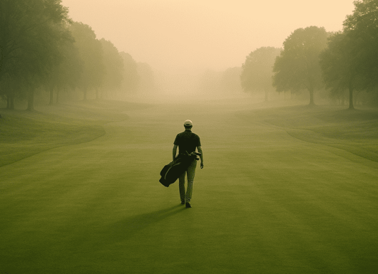 Golfer walks alone on scenic path, bag in hand, cart in distance, highlighting solo golf's calm pace