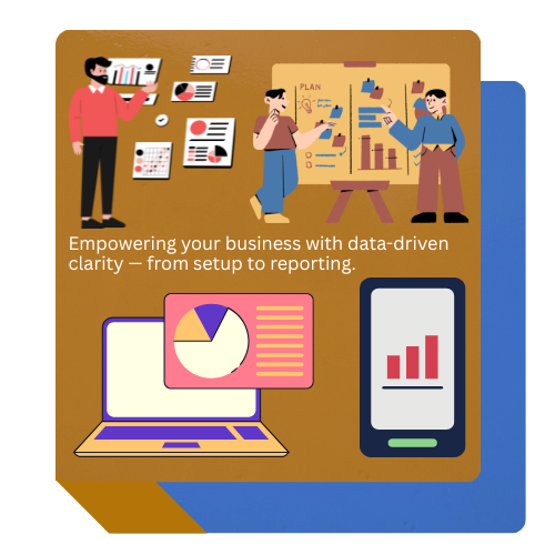 Illustration of three people analyzing business data on a wall and a large planning board, with char