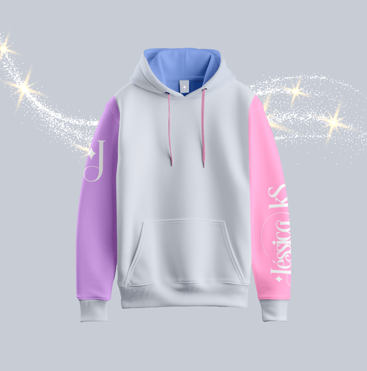 Moletom personalizado com mangas e capuz com cores delicadas e fundo com glitter