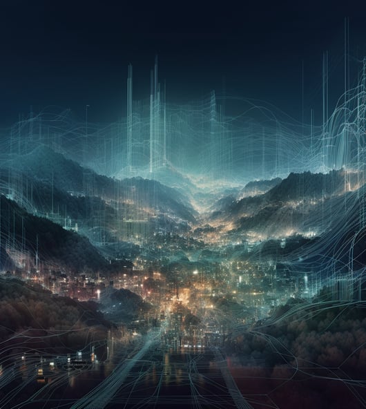 a cityscape of a city with a lot of lights and a mountain in