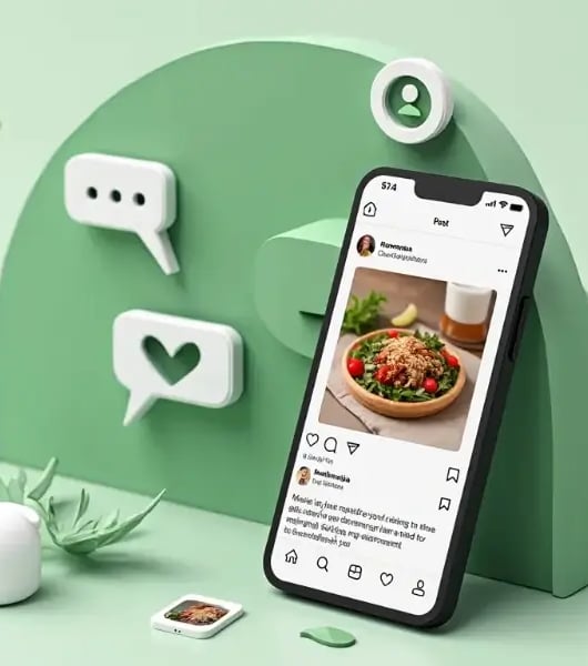 Smartphone com uma publicação gastronómica nas redes sociais, destacando o impacto do marketing digital para restaurantes.