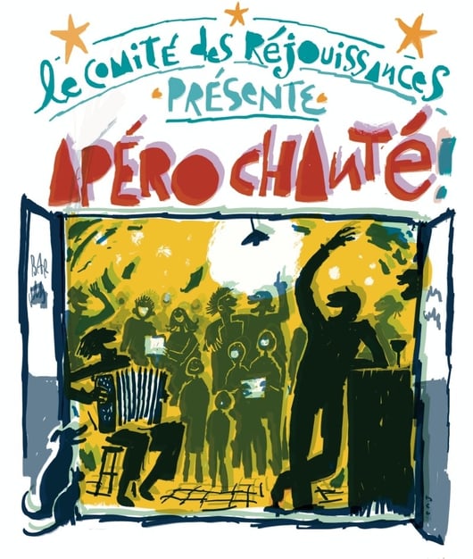 Affiche avec une peinture qui représente des gens qui chantent dans un bar