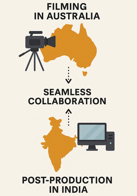 A 2D digital infographic illustrating a hybrid video production model.