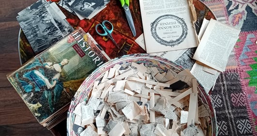 vintage french books are used for our pictures, and paper mache is made with magazine and eggs box