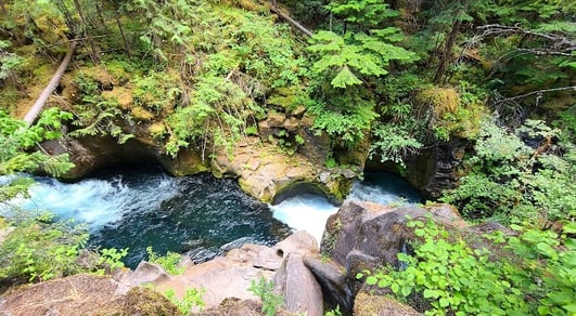 Waterfall Hwy, OR - iconic Toketee Falls cascading down 3 quick steps before the final plunge