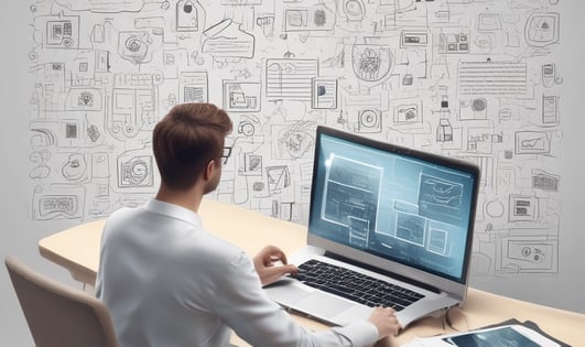 A copy of the book titled 'The 1-Page Marketing Plan' lies on a gray textured surface. The book cover is bright yellow with bold red, white, and green text. Surrounding the book are various small objects: a metallic laptop partially visible on the top left, a pair of white wireless earphones, a blue bookmark with the text 'one more page,' and other small, colorful items.