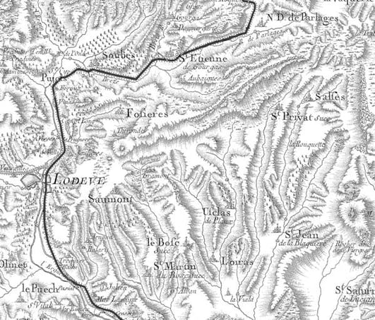 An eighteenth century map plotting the route from Montpellier to Paris via St Etienne