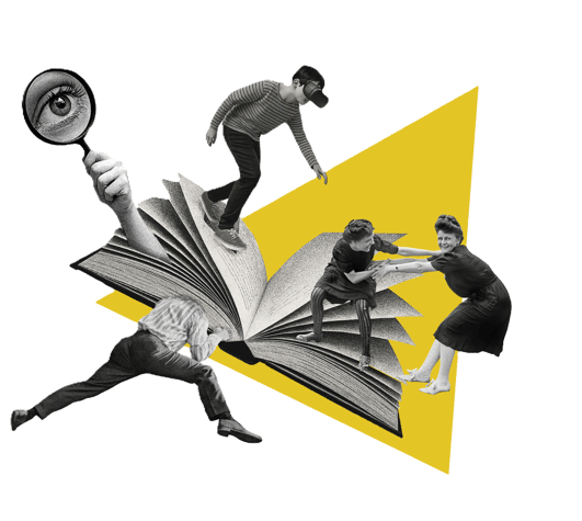 Collage von Menschen, die ein riesiges Buch erkunden, mit VR, Spiel und einem Vergrößerungsglas.