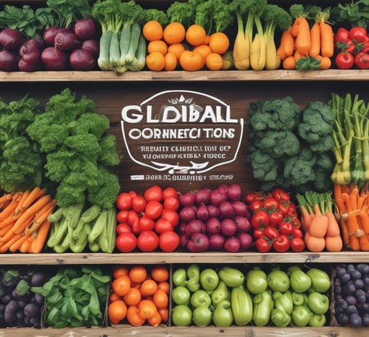 A vibrant market stall displays an assortment of fresh vegetables and packaged food items. Tomatoes, cucumbers, eggplants, and chillies are neatly arranged on blue trays. Various leafy greens and bundled herbs are piled in front, alongside packaged corn. The colorful produce is set against a rustic wooden table.