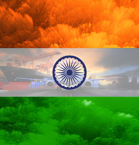 Indian flag with cargo plane, ship, and truck symbolizing global export from India