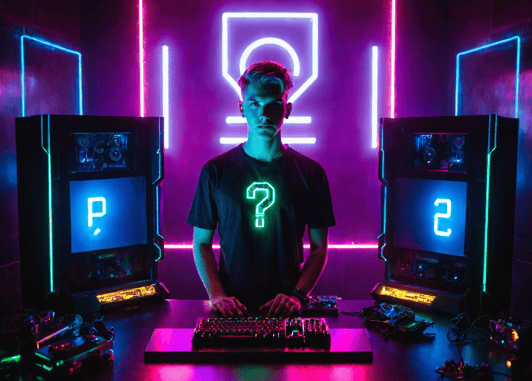 Jovem recepcionista com interrogação na camisa, segurando teclado entre desktops, Only Goods Pro 2025.
