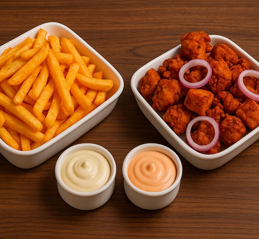 Cheesy Fries, paneer pakora and mayp sauce