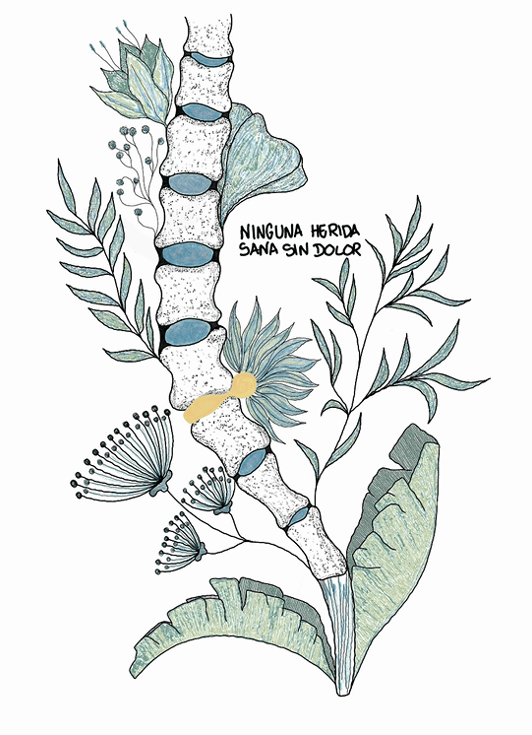 Ilustración de una columna vertebral, con flores y una hernia discal 