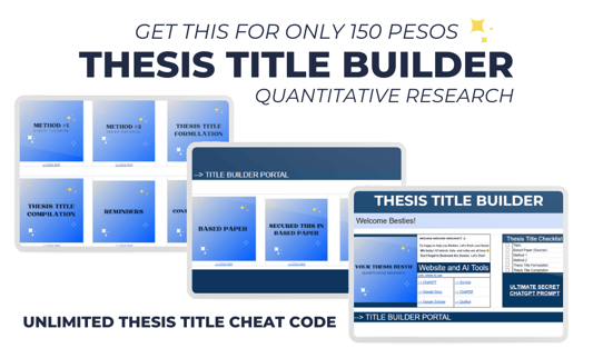 Thesis Title Builder advertisement offering Quantitative Research tools, checklist, and cheat code for 150 pesos.