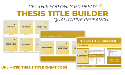 Thesis Title Builder advertisement for Qualitative Research tools, checklist, and cheat code for 150 pesos.