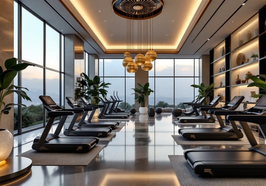 a gym room with a row of treads and a clock