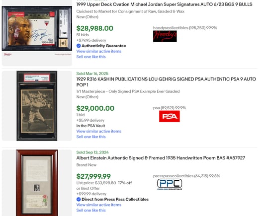 sold celebrity autographed signed collection