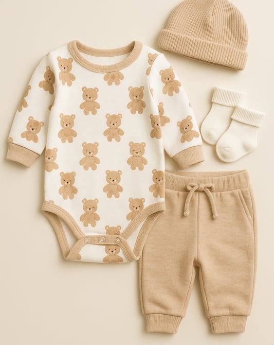 a baby's outfit with a hat and a baby's booties