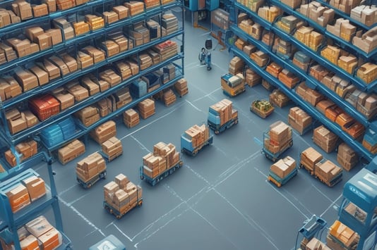 Yapay zeka destekli alokasyon sistemleriyle optimize edilen modern bir depo ve otonom taşıma araçlar