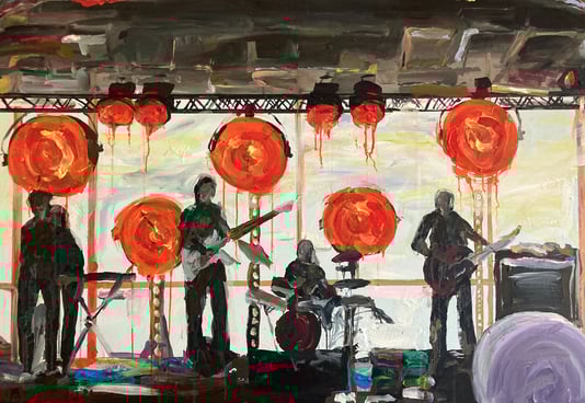 a painting of a band playing on stage